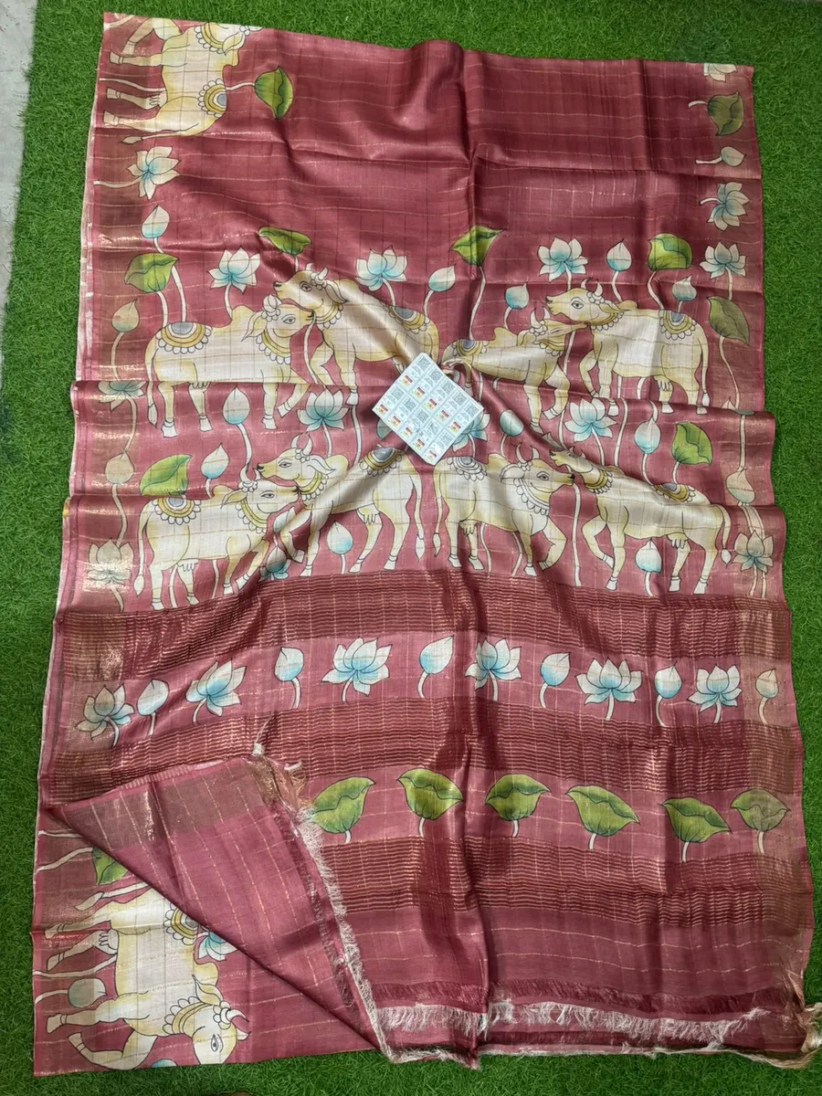 Pure Handloom Tussar Silk Hand Painted Pen Kalmakari Saree